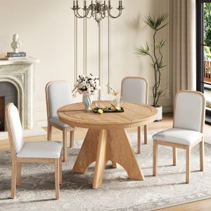 Vintage Extendable Dining Table Set for 4-6 with 4 Upholstered Chairs, 42"-58" Rustic Farmhouse Set with Distressed Finish for Dining Room & Kitchen