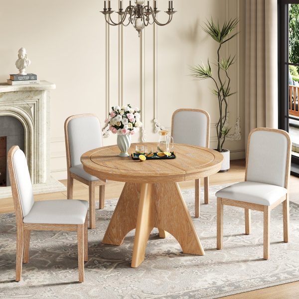 Vintage Extendable Dining Table Set for 4-6 with 4 Upholstered Chairs, 42"-58" Rustic Farmhouse Set with Distressed Finish for Dining Room & Kitchen