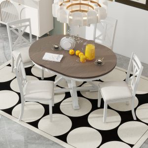 1-158.jpg 5-Piece Retro Functional Dining Set, Extendable Round Table & 4 Upholstered Chairs for Dining Room & Living Room