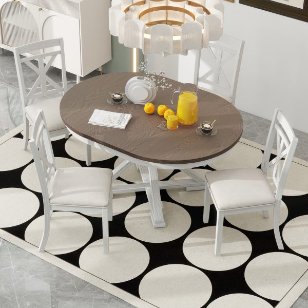 1-158.jpg 5-Piece Retro Functional Dining Set, Extendable Round Table & 4 Upholstered Chairs for Dining Room & Living Room