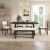 1-159.jpg 6-Piece Rustic Farmhouse Dining Set with Wire Brushed Finish, Rectangular Table with Trapezoid Legs, 4 Upholstered Linen Chairs & 1 Padded Bench for Dining Room & Kitchen