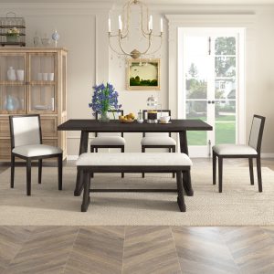 6-Piece Rustic Farmhouse Dining Set with Wire Brushed Finish, Rectangular Table with Trapezoid Legs, 4 Upholstered Linen Chairs & 1 Padded Bench for Dining Room & Kitchen
