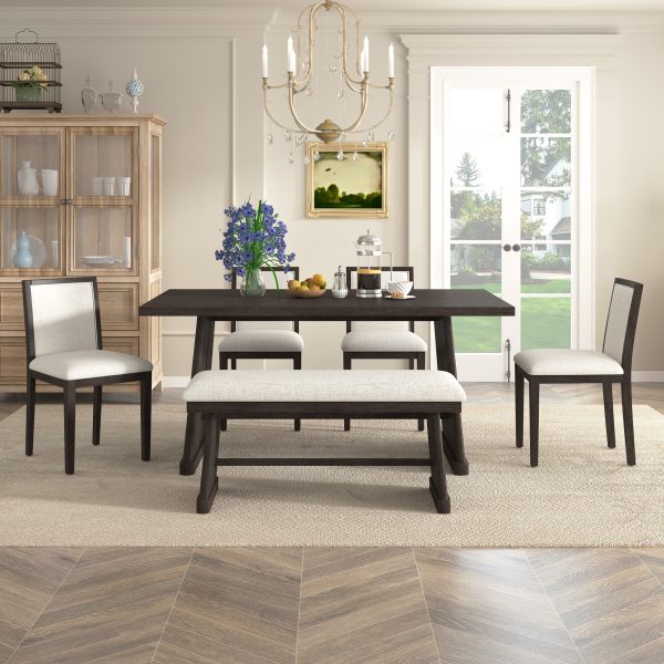 1-159.jpg 6-Piece Rustic Farmhouse Dining Set with Wire Brushed Finish, Rectangular Table with Trapezoid Legs, 4 Upholstered Linen Chairs & 1 Padded Bench for Dining Room & Kitchen