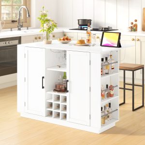 Wine Bar Cabinet with Foldable Tabletop & Power Outlet, Counter Height Bar Table with Wine Rack & Glass Holder, Double-Door Buffet Sideboard with Side Shelves (Chairs Not Included)