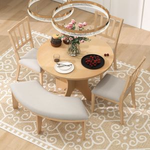 1-161.jpg 5-Piece Rustic Round Dining Set with 3 Upholstered Chairs + Curved Bench, Perfect for Dining Room/Kitchen/Living Room