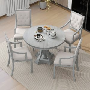 Retro 5-Piece Extendable Round Dining Set with 4 Chairs for Kitchen & Dining Room
