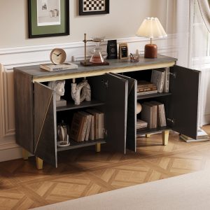 1-163.jpg 60" Retro 4-Door Buffet Cabinet, Vintage Sideboard with Dimensional Doors & Adjustable Shelves for Dining Room/Kitchen/Living Room