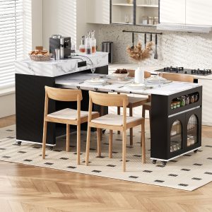 1-164.jpg Extendable Extra-Long Folding Dining Table + Rolling Kitchen Island with Drawers, Power Outlet & Brake Lock, Storage Cabinet for Kitchen & Dining Room
