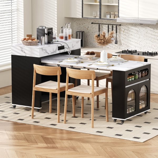 Extendable Extra-Long Folding Dining Table + Rolling Kitchen Island with Drawers, Power Outlet & Brake Lock, Storage Cabinet for Kitchen & Dining Room