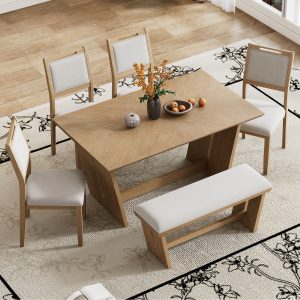 1-165.jpg 6-Piece Retro Dining Set for 6, 60" Wooden Kitchen Table with 4 Chairs & Bench, Trestle Base for Kitchen & Dining Room