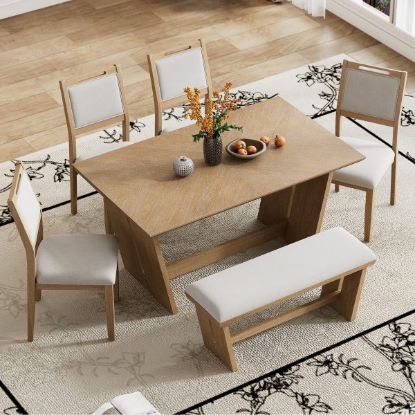 6-Piece Retro Dining Set for 6, 60" Wooden Kitchen Table with 4 Chairs & Bench, Trestle Base for Kitchen & Dining Room
