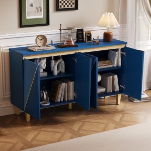 60-Inch Retro Buffet Storage Cabinet, 4-Door Vintage Sideboard with Dimensional Doors & Adjustable Shelves for Dining Room, Kitchen and Living Room