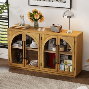 4-Door Large Storage Sideboard Buffet Cabinet with Glass Doors, Arched Design & Adjustable Shelves for Kitchen, Dining Room & Living Room