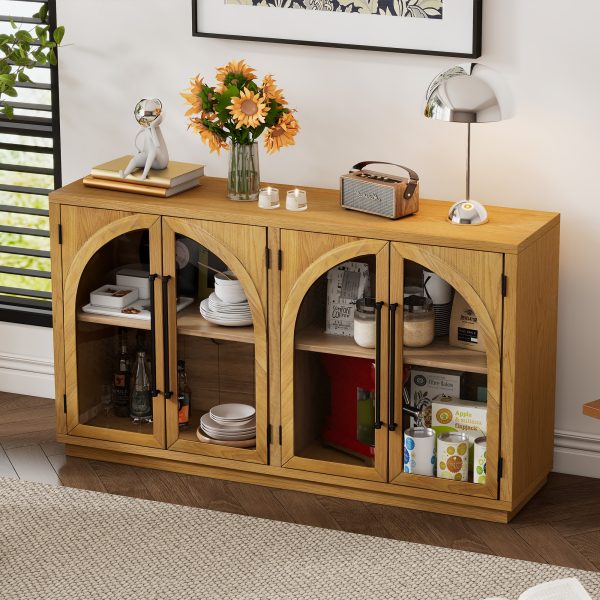4-Door Large Storage Sideboard Buffet Cabinet with Glass Doors, Arched Design & Adjustable Shelves for Kitchen, Dining Room & Living Room