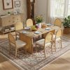 7-Piece Farmhouse Dining Set for 6, 59.8" Rectangular Table with Distressed Oak Veneer & 6 Rattan Chairs, Rustic Furniture for Dining Room & Kitchen