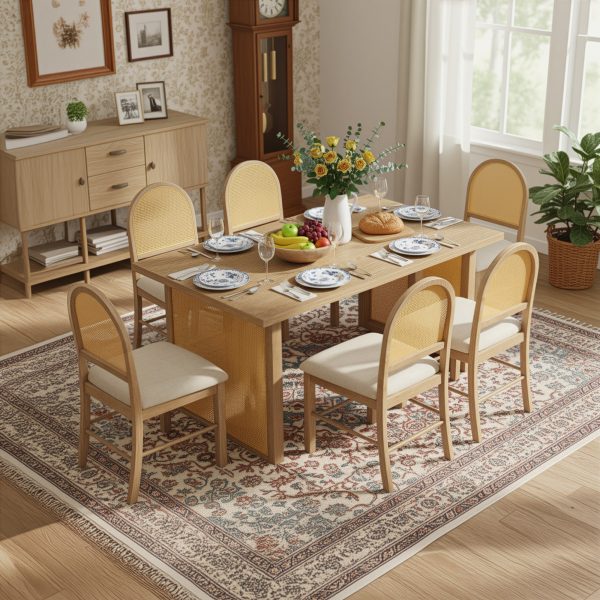 7-Piece Farmhouse Dining Set for 6, 59.8" Rectangular Table with Distressed Oak Veneer & 6 Rattan Chairs, Rustic Furniture for Dining Room & Kitchen
