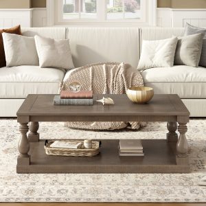 Vintage Coffee Table with Artistic Vase Column Legs and Luxurious Pine Veneer, Boasting Timeless Charm for Living Room & Study