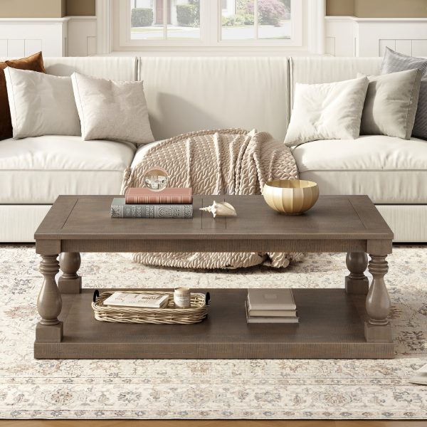 Vintage Coffee Table with Artistic Vase Column Legs and Luxurious Pine Veneer, Boasting Timeless Charm for Living Room & Study