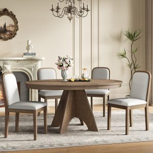 Vintage Extendable Dining Set for 4-6 with 4 Upholstered Chairs, 42"-58" Distressed Rustic Farmhouse Table for Kitchen & Dining Room