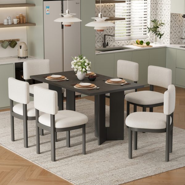 Farmhouse 7-Piece Dining Set for 6, 60" Rectangular Wood Table with Cutout Legs & 6 Upholstered Chairs for Dining Room, Kitchen & Living Room
