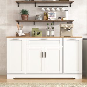 Multi-Functional Storage Sideboard with Extendable Dining Table, Adjustable Shelves & 3-Tier Pull-Out Rack, Versatile Kitchen Island Storage for Kitchen, Dining Room and Living Room