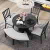 1-174.jpg 5-Piece Rustic Round Dining Set with 3 Upholstered Chairs & Curved Bench for Kitchen, Dining & Living Room