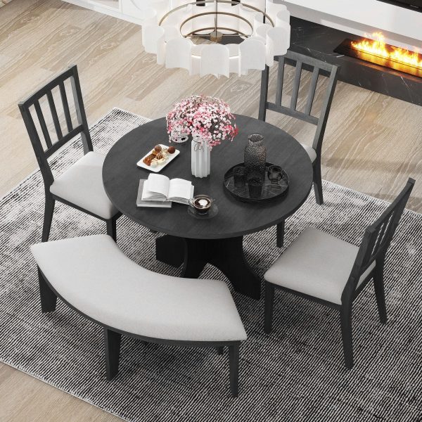 1-174.jpg 5-Piece Rustic Round Dining Set with 3 Upholstered Chairs & Curved Bench for Kitchen, Dining & Living Room
