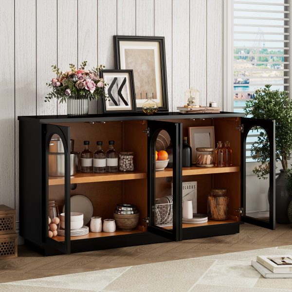 4-Door Large Arched Buffet Cabinet with Glass Doors & Adjustable Shelves, Storage Sideboard for Kitchen, Dining Room & Living Room