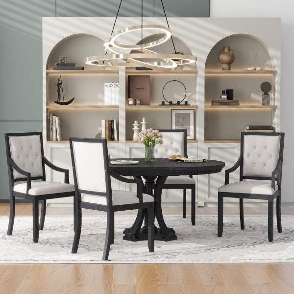 Retro 5-Piece Extendable Dining Set, Round Table with 4 Chairs for Kitchen & Dining Room