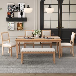 Vintage Extendable Dining Set for 6 with 4 Chairs & 1 Bench, 59"-72" Rustic Farmhouse Table Set Featuring Distressed Finish & Retro Carved Legs