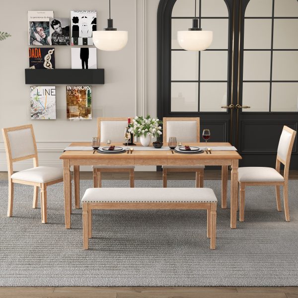 1-177.jpg Vintage Extendable Dining Set for 6 with 4 Chairs & 1 Bench, 59"-72" Rustic Farmhouse Table Set Featuring Distressed Finish & Retro Carved Legs