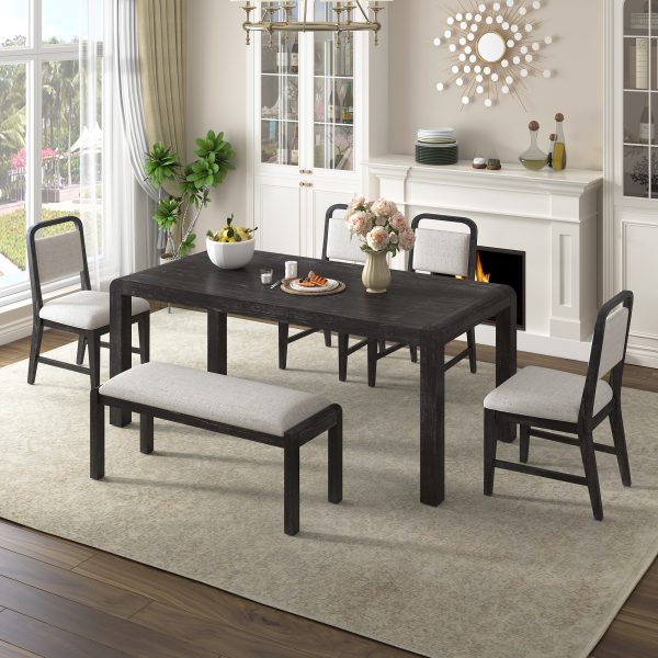 1-178.jpg Vintage Extendable Dining Set for 4-6 with 4 Upholstered Chairs & 1 Bench, Rustic Wire-Brushed Kitchen Table Set Featuring Curved Design for Dining Room & Kitchen