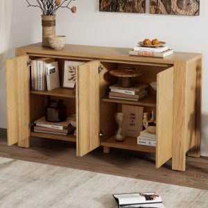 Retro 4-Door Wooden Buffet Cabinet with Distressed Finish & Adjustable Shelves, Storage Sideboard for Dining Room, Kitchen & Living Room