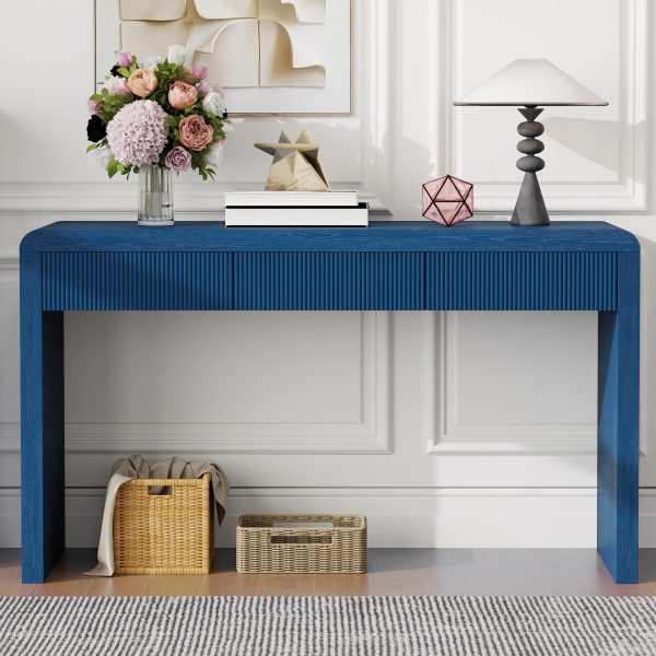Rustic Console Table with 3 Fluted Drawers, Solid Wood Veneer Entryway Table with Natural Wood Grain for Living Room & Hallway