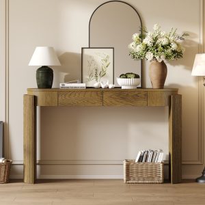Natural Wood Grain Console Table with Fluted Detail, Oval Top & 2 Drawers, Versatile Entryway Table for Hallway & Living Room