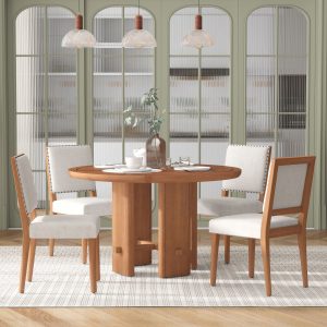 1-183.jpg 5-Piece Round Dining Set for 4, Minimalist Farmhouse Style Table with 4 Solid Wood Upholstered Chairs for Kitchen & Dining Room