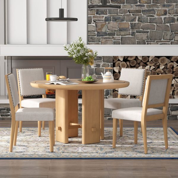 5-Piece Round Dining Set for 4, Minimalist Farmhouse Style with 4 Solid Wood Upholstered Chairs, for Kitchen & Dining Room