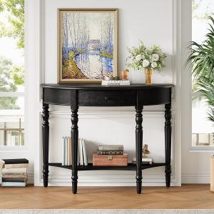 Farmhouse Half-Moon Console Table with Storage Drawer & Open Shelf C Rustic Accent & Sofa Table for Entryway, Living Room, Hallway and Foyer