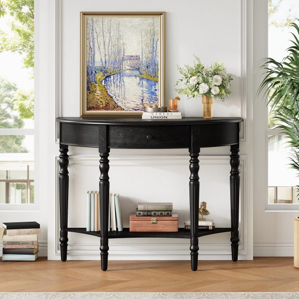 Farmhouse Half-Moon Console Table with Storage Drawer & Open Shelf C Rustic Accent & Sofa Table for Entryway, Living Room, Hallway and Foyer