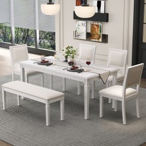 Vintage Extendable 6-Person Dining Set with 4 Chairs & Bench, 59-72 Inch Rustic Farmhouse Kitchen Table with Distressed Finish & Retro Carved Legs