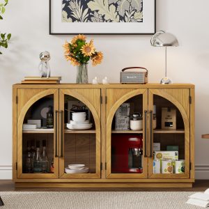 1-189.jpg Large 4-Door Storage Buffet Sideboard with Glass Doors, Arched Cabinet with Adjustable Shelves for Kitchen, Dining Room & Living Room