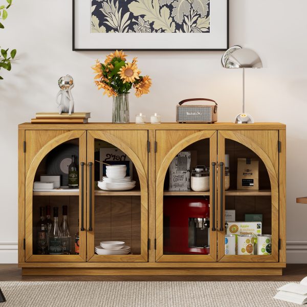 Large 4-Door Storage Buffet Sideboard with Glass Doors, Arched Cabinet with Adjustable Shelves for Kitchen, Dining Room & Living Room
