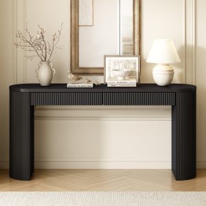 58.3" Entryway Console Table with Large Tabletop & Double Drawers, Featuring Arched Sturdy Legs with Stripe Detailing, Pine Veneer Sofa Table with Adjustable Feet for Living Room, Hallway, Foyer & Kitchen