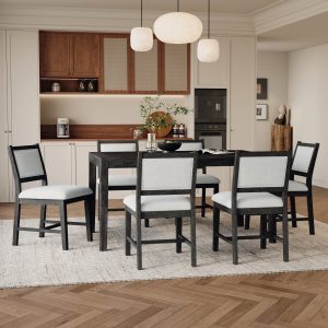 7-Piece Retro Wooden Dining Set for 6, Rectangular Dining Table with Upholstered Chairs for Kitchen & Dining Room