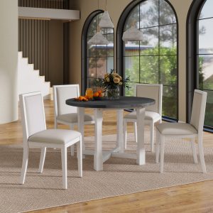 1-192.jpg 5-Piece Extendable Dining Set for 4, Farmhouse Round Dining Table with Upholstered Chairs & Removable Leaf, Ideal for Kitchen & Dining Room
