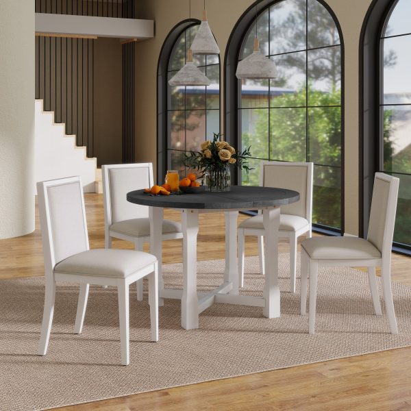 1-192.jpg 5-Piece Extendable Dining Set for 4, Farmhouse Round Dining Table with Upholstered Chairs & Removable Leaf, Ideal for Kitchen & Dining Room