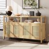 Bohemian Rattan Buffet Storage Cabinet with Solid Wood Frame, 3-Position Adjustable Shelves & Push-to-Open Handle-Free Design for Living & Dining Rooms
