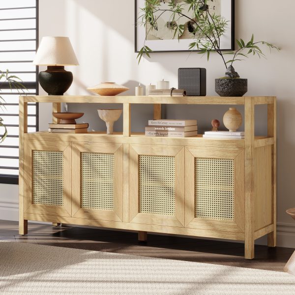 Bohemian Rattan Buffet Storage Cabinet with Solid Wood Frame, 3-Position Adjustable Shelves & Push-to-Open Handle-Free Design for Living & Dining Rooms