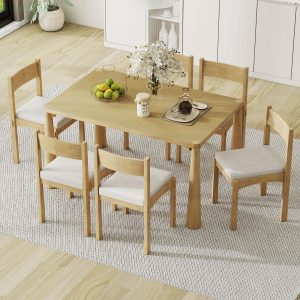 Retro 6-Seater Wood Dining Set, Upholstered Chairs Included C Perfect for Kitchen & Dining Room