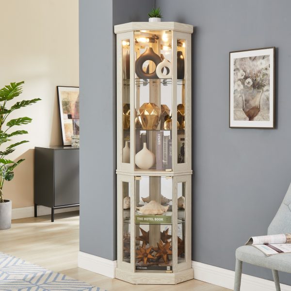 Lighted Corner Glass Curio Cabinet, Display Case for Living Room, Ideal for Antiques, Wine & Bar Glass Storage (Light Included)